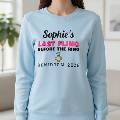 Personalised Last Fling Before The Ring T-Shirt Sweatshirt in Light Blue, worn, our photo