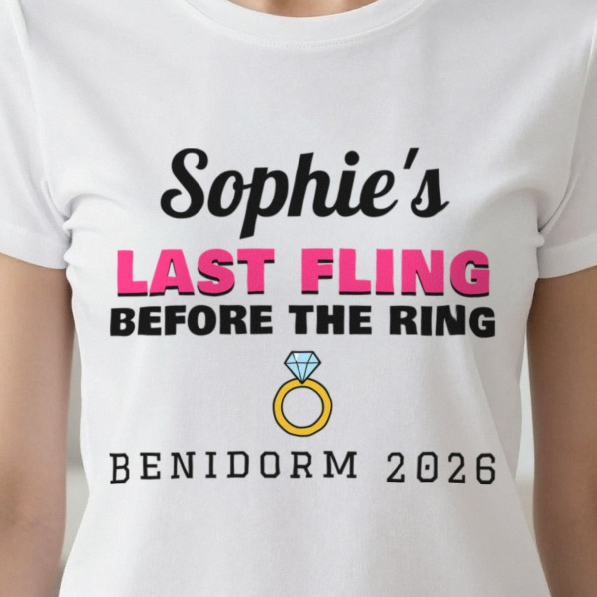 Personalised Last Fling Before The Ring T-Shirt print close-up, our photo