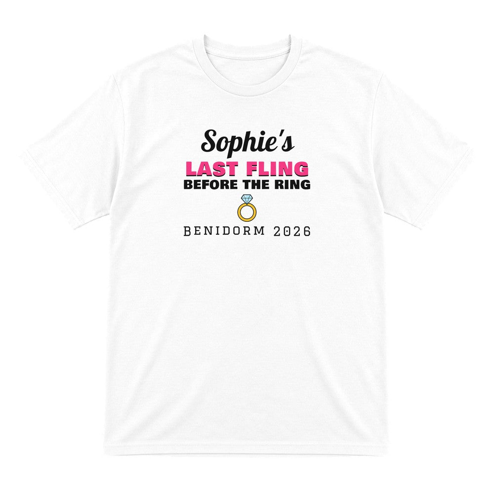 Personalised Last Fling Before The Ring T-Shirt laid flat