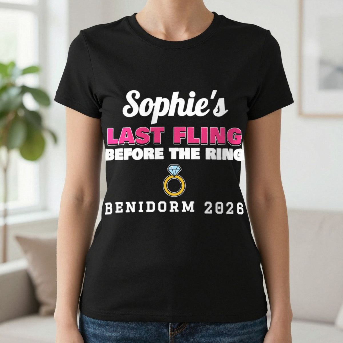 Personalised Last Fling Before The Ring T-Shirt T-Shirt in Black, worn, our photo