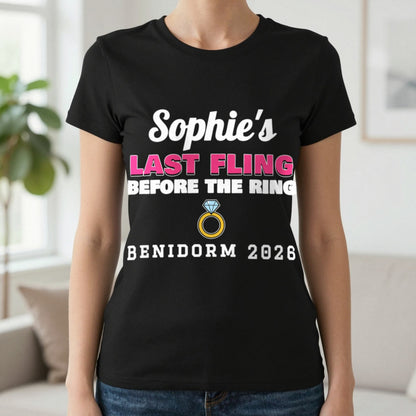 Personalised Last Fling Before The Ring T-Shirt T-Shirt in Black, worn, our photo