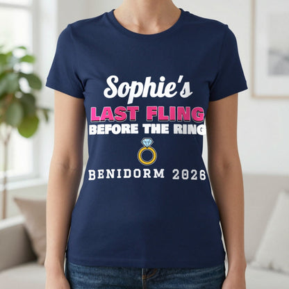 Personalised Last Fling Before The Ring T-Shirt T-Shirt in Navy, worn, our photo