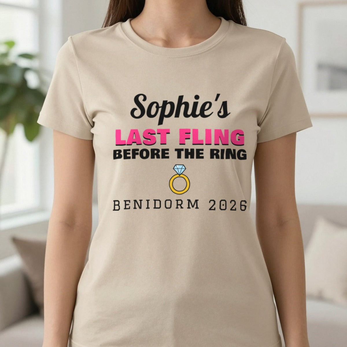 Personalised Last Fling Before The Ring T-Shirt T-Shirt in Sand, worn, our photo