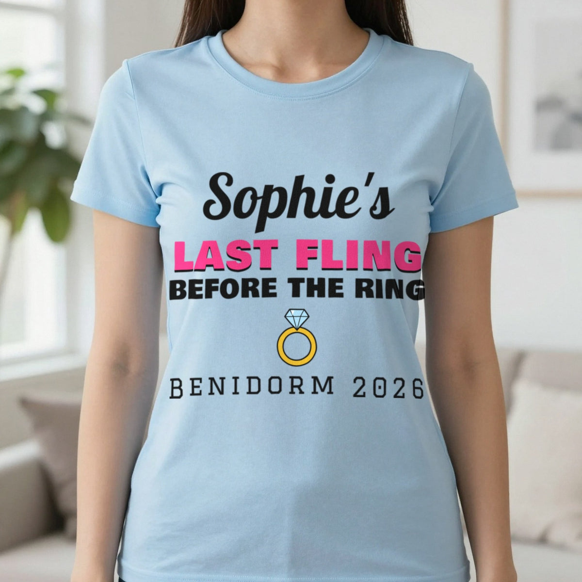 Personalised Last Fling Before The Ring T-Shirt T-Shirt in Light Blue, worn, our photo