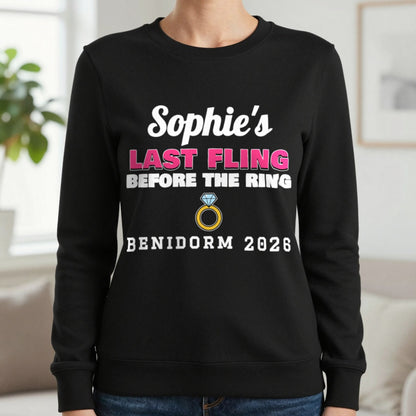 Personalised Last Fling Before The Ring T-Shirt Sweatshirt in Black, worn, our photo