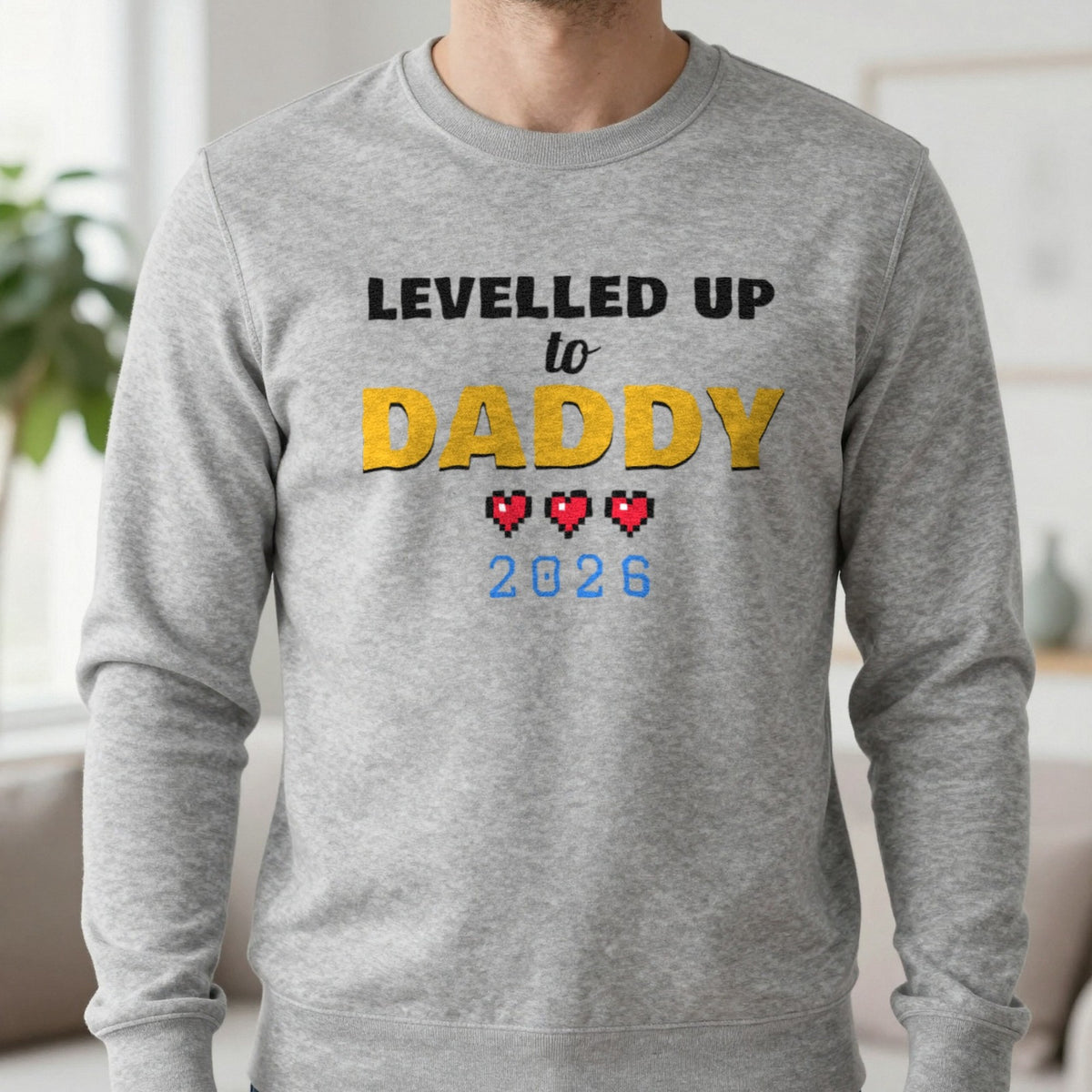 Personalised Levelled Up To Daddy T-Shirt & Sweatshirt Sweatshirt in Sport Grey, worn, our photo