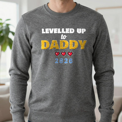 Personalised Levelled Up To Daddy T-Shirt & Sweatshirt Sweatshirt in Charcoal, worn, our photo