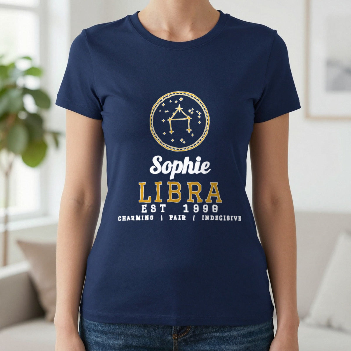 Personalised Libra T-Shirt & Sweatshirt T-Shirt in Navy, worn, our photo
