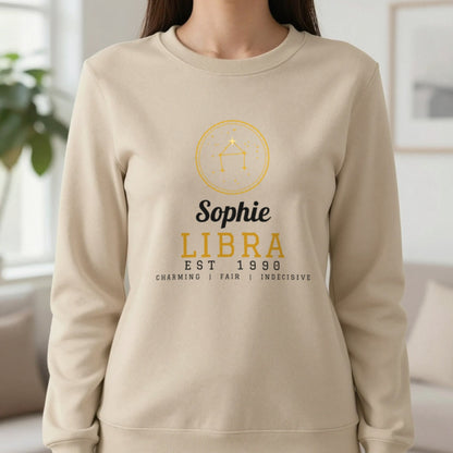 Personalised Libra T-Shirt & Sweatshirt Sweatshirt in Sand, worn, our photo