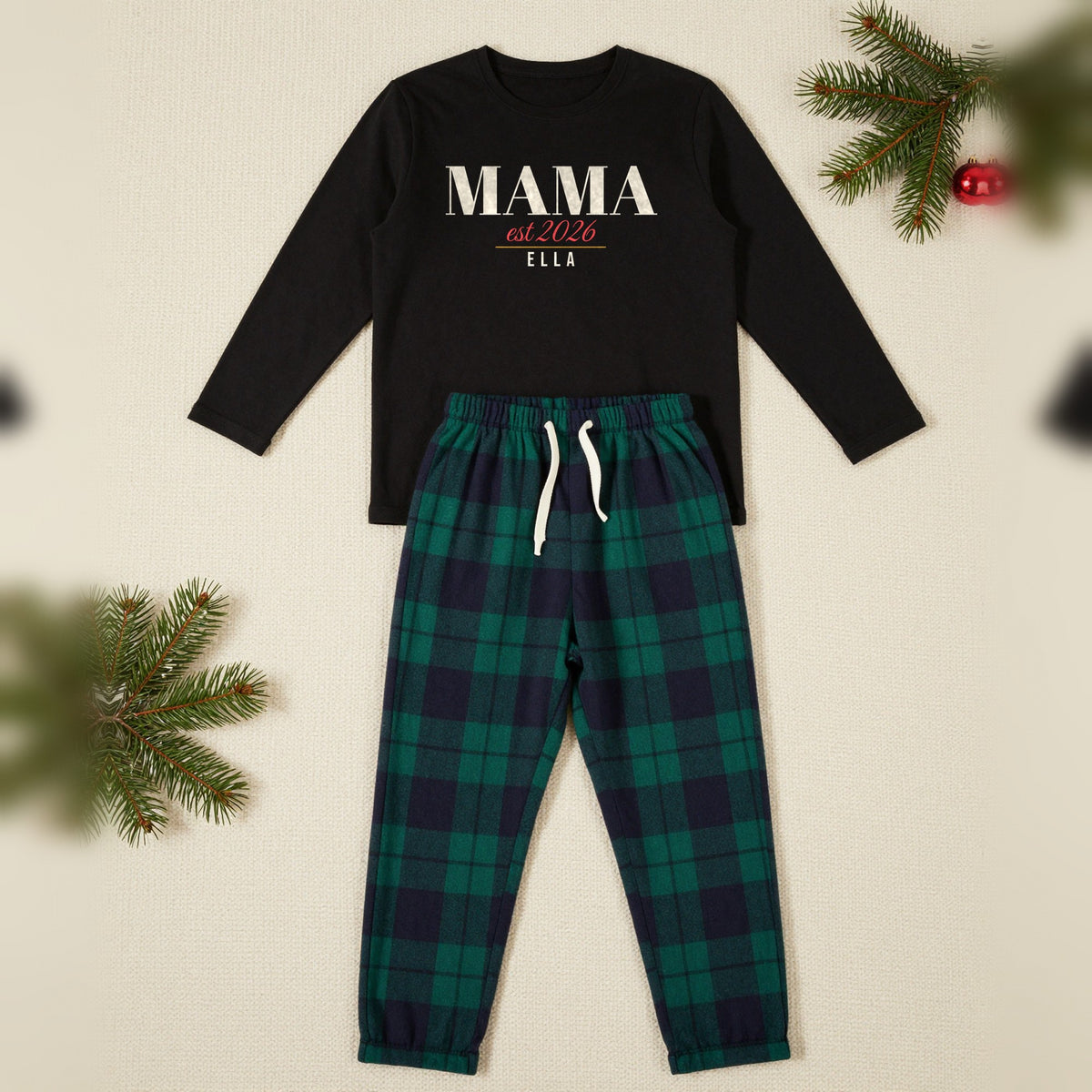 Mama Est Personalised Christmas Pyjamas, Adult in Black / Green Tartan, our photo