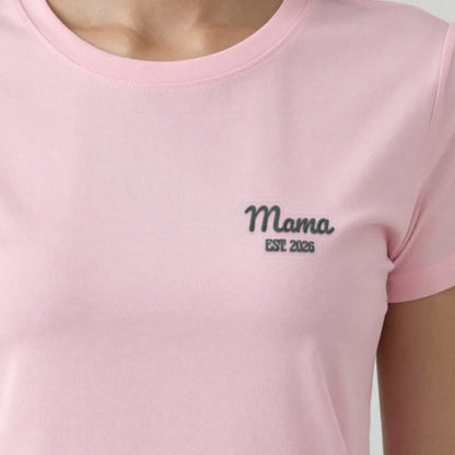 Mama Est. Sweatshirt for a New Mum, adult t-shirt in light pink, embroidered