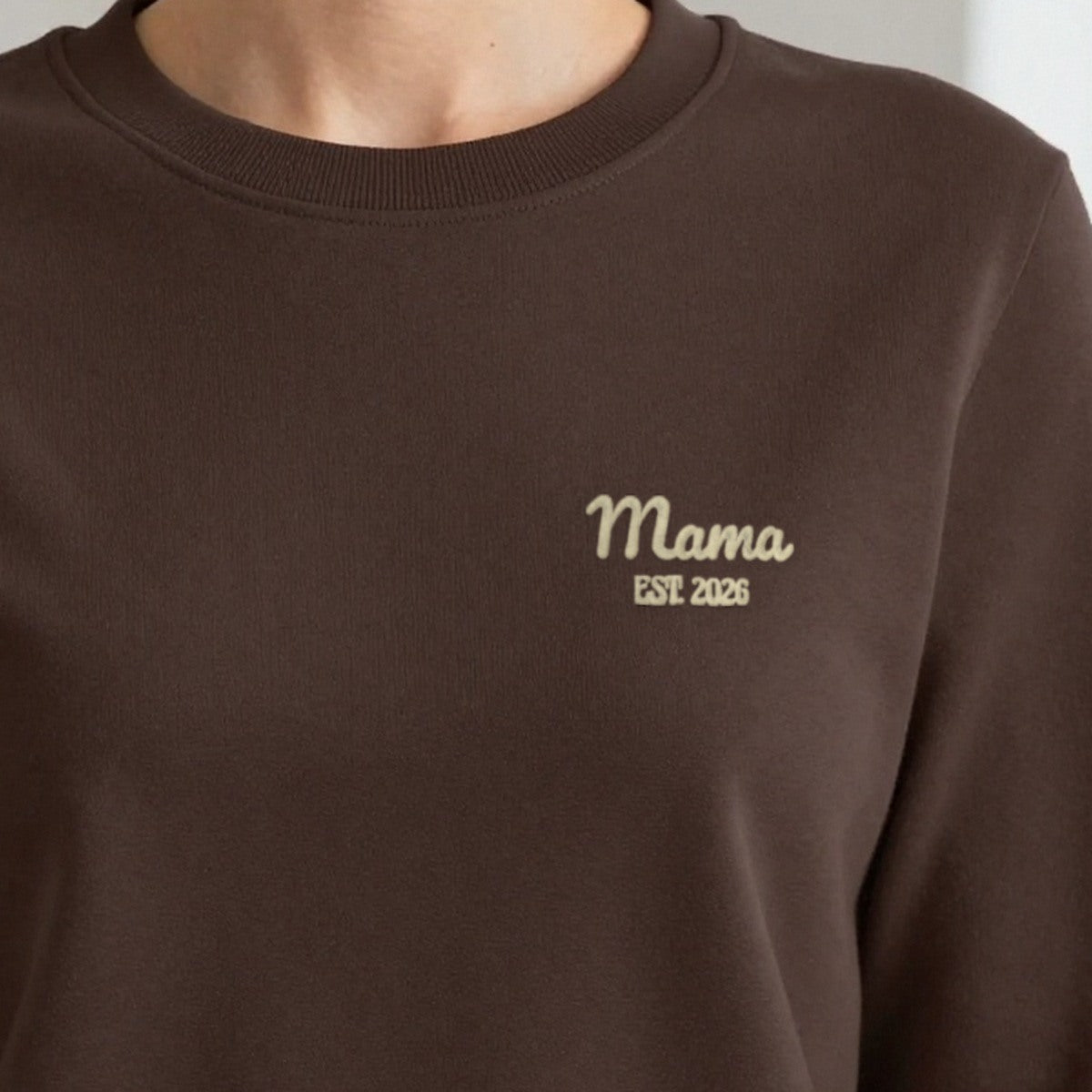 Mama Est. Sweatshirt for a New Mum, adult sweatshirt in dark chocolate, embroidered