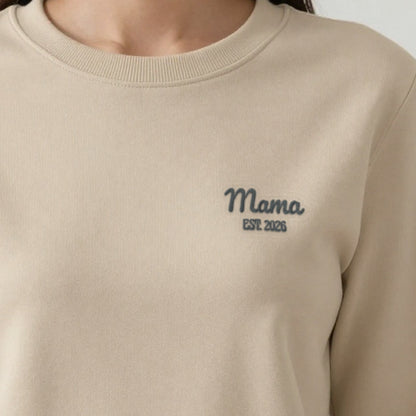Mama Est. Sweatshirt for a New Mum, adult sweatshirt in sand, embroidered
