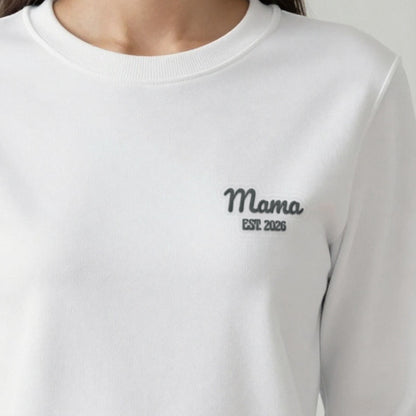 Mama Est. Sweatshirt for a New Mum, adult sweatshirt in white, embroidered
