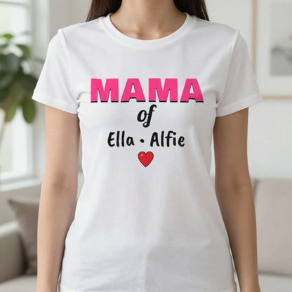 Personalised Mama Of T-Shirt With Kids Names T-Shirt in White, worn, our photo