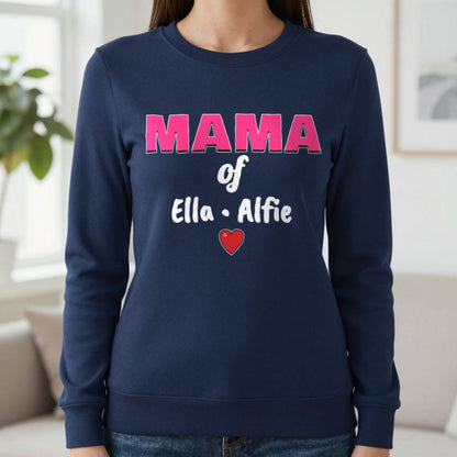 Personalised Mama Of T-Shirt With Kids Names Sweatshirt in Navy, worn, our photo