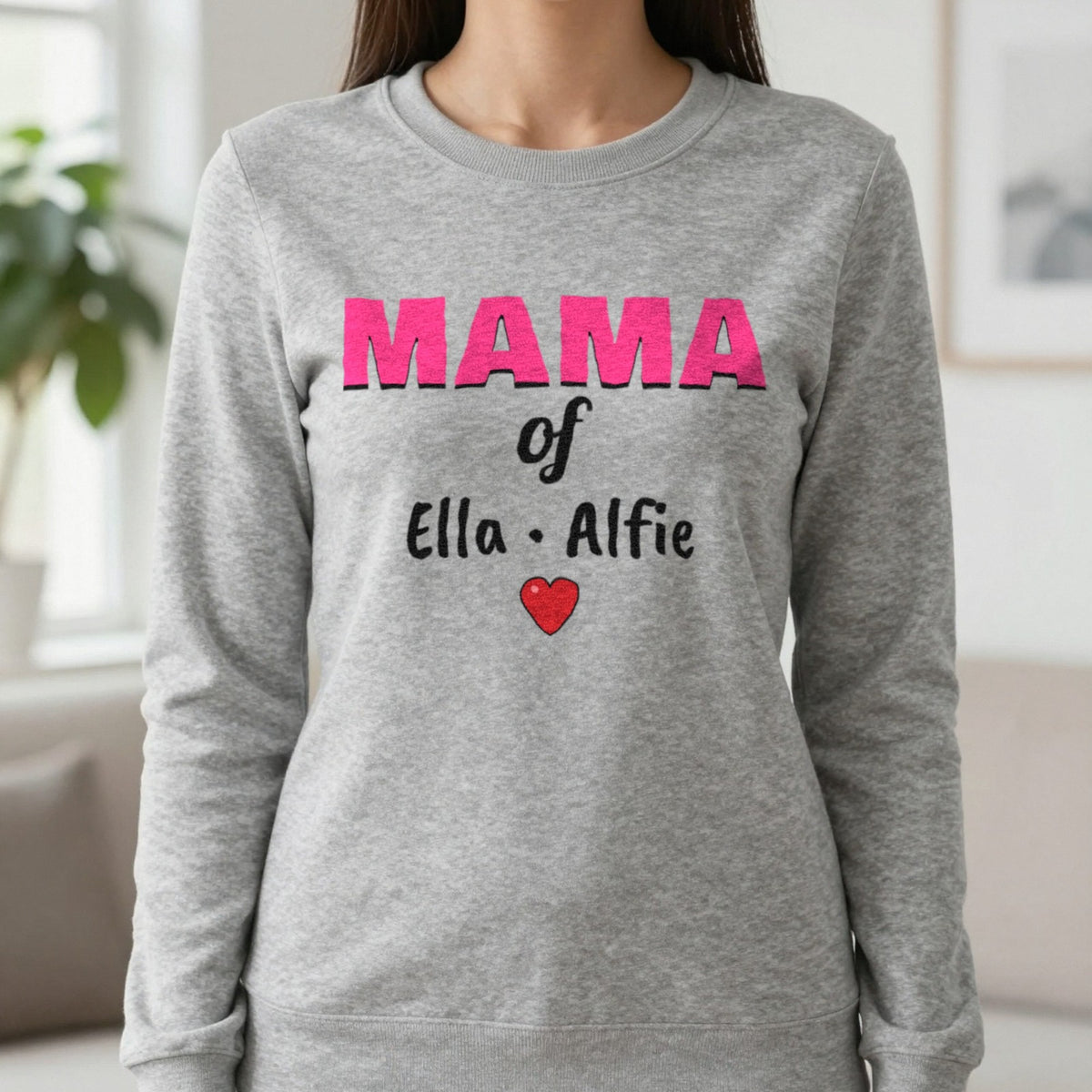 Personalised Mama Of T-Shirt With Kids Names Sweatshirt in Sport Grey, worn, our photo