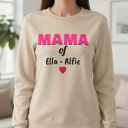 Personalised Mama Of T-Shirt With Kids Names Sweatshirt in Sand, worn, our photo