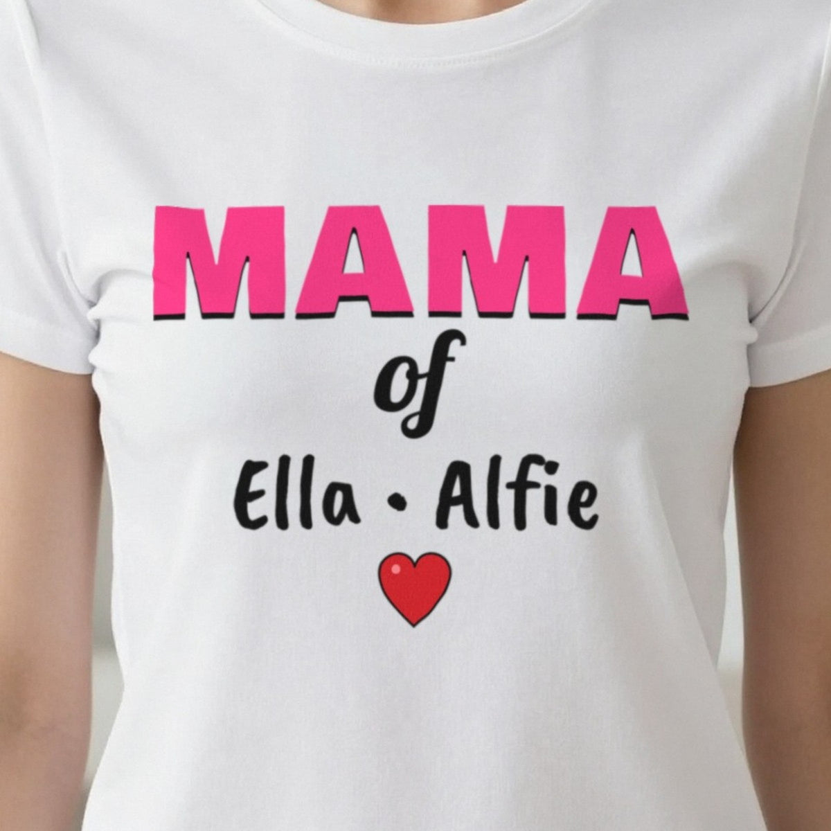 Personalised Mama Of T-Shirt With Kids Names print close-up, our photo