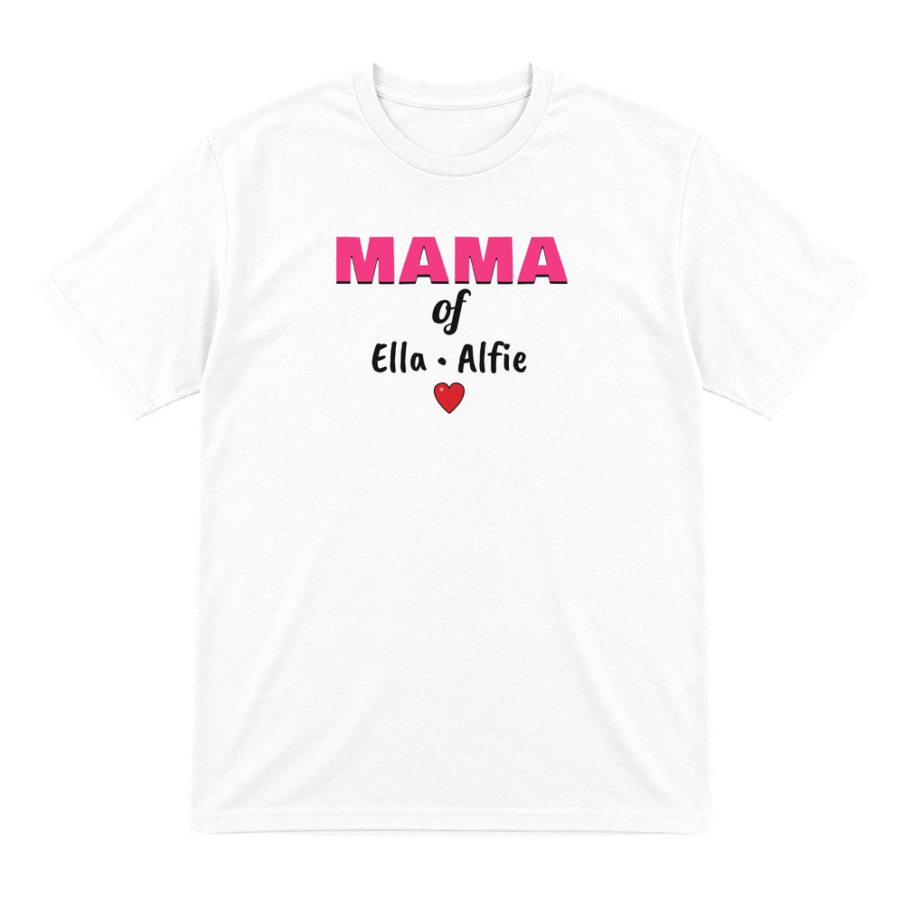 Personalised Mama Of T-Shirt With Kids Names laid flat