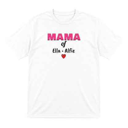 Personalised Mama Of T-Shirt With Kids Names laid flat