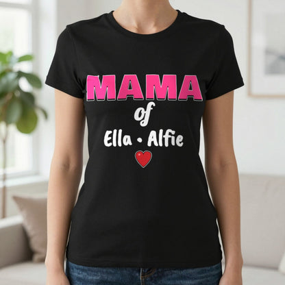 Personalised Mama Of T-Shirt With Kids Names T-Shirt in Black, worn, our photo