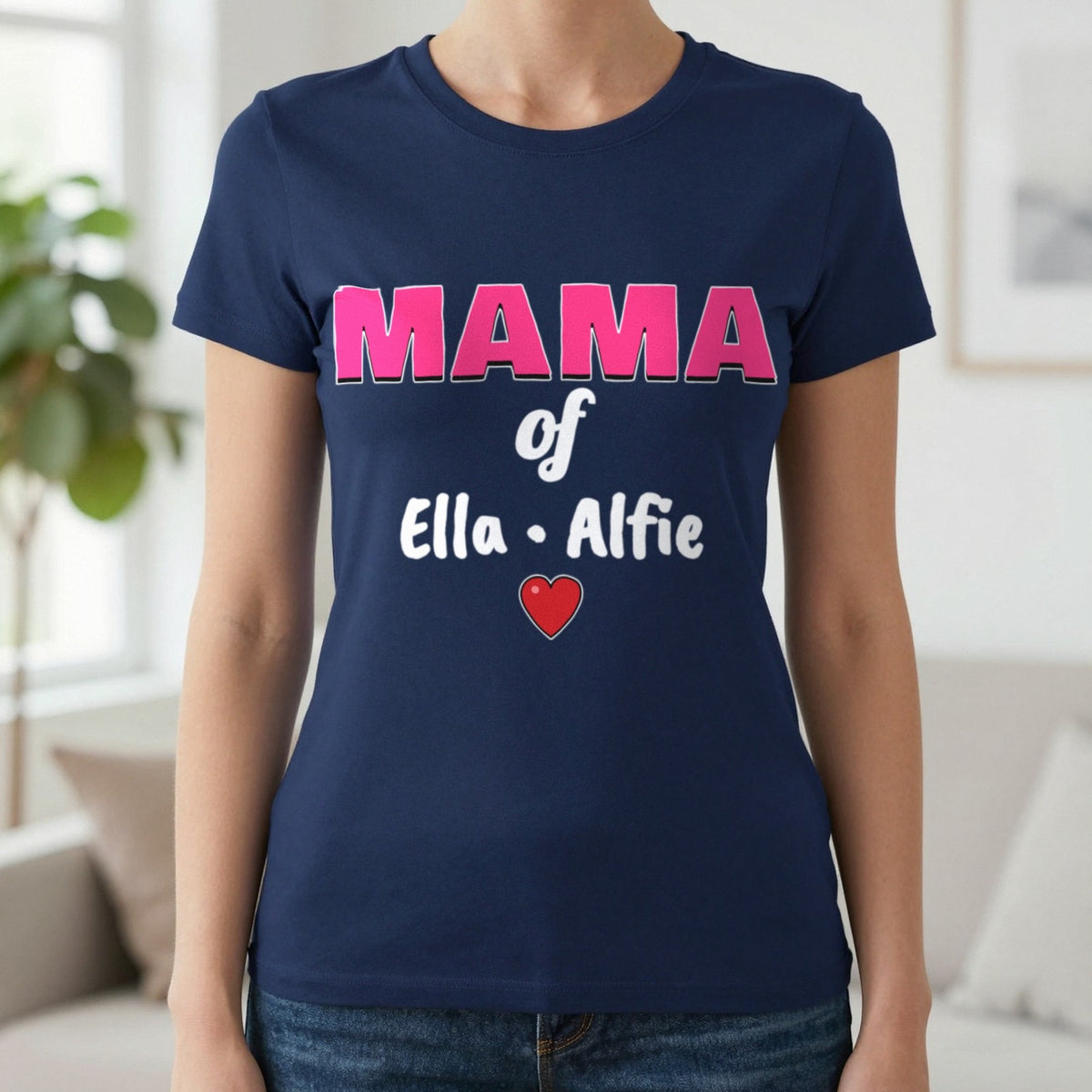 Personalised Mama Of T-Shirt With Kids Names T-Shirt in Navy, worn, our photo