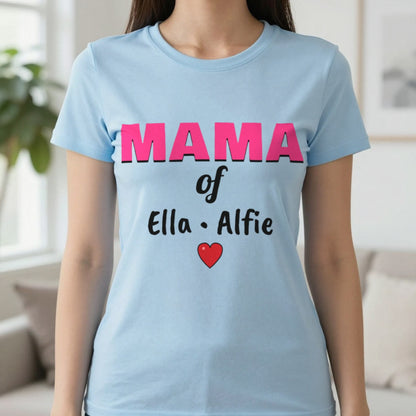 Personalised Mama Of T-Shirt With Kids Names T-Shirt in Light Blue, worn, our photo