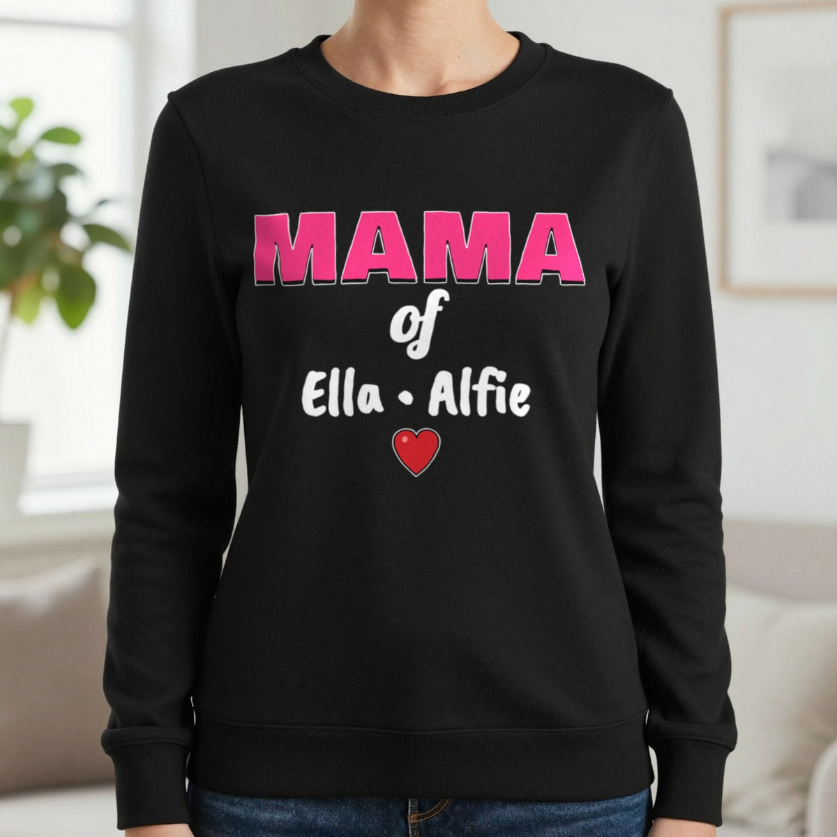 Personalised Mama Of T-Shirt With Kids Names Sweatshirt in Black, worn, our photo