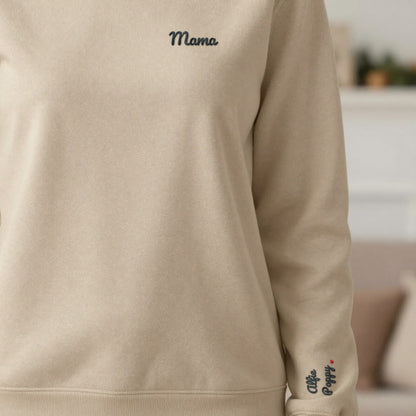 Personalised Embroidered Mama Sweatshirt with Kids Names on the Sleeve, worn