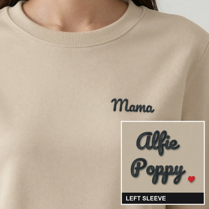 Mama Sweatshirt with Kids Names on the Sleeve, adult sweatshirt in sand, embroidered