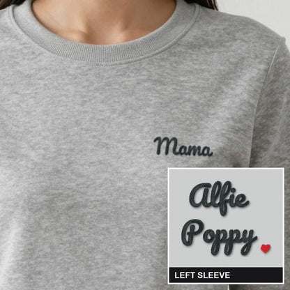 Mama Sweatshirt with Kids Names on the Sleeve, adult sweatshirt in ash, embroidered