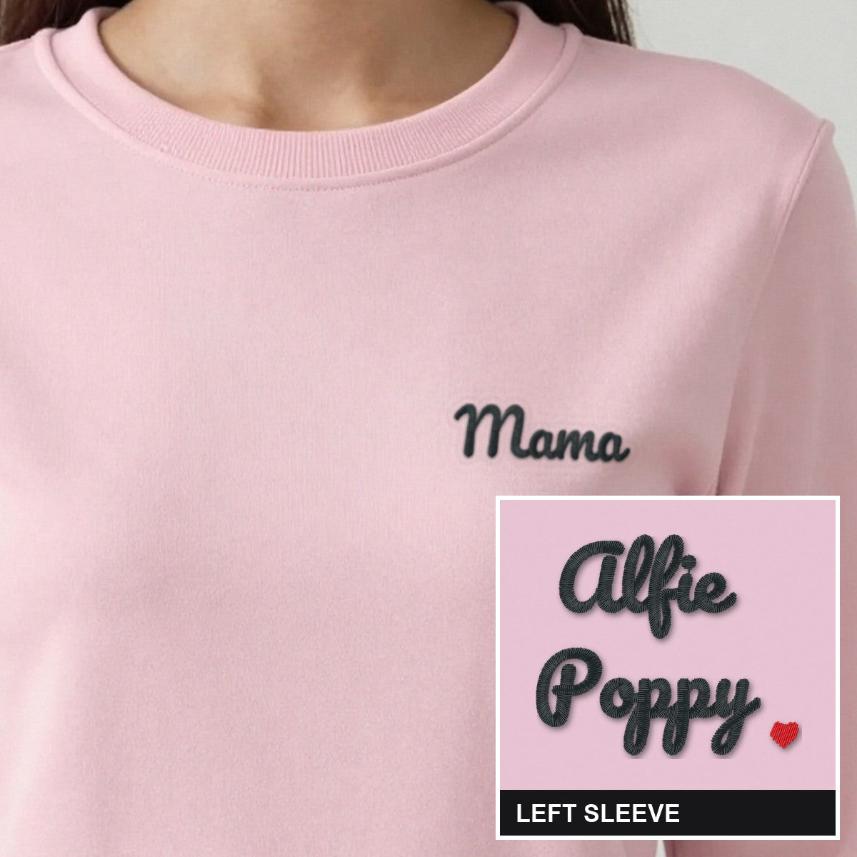 Mama Sweatshirt with Kids Names on the Sleeve, adult sweatshirt in light pink, embroidered