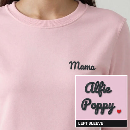 Mama Sweatshirt with Kids Names on the Sleeve, adult sweatshirt in light pink, embroidered