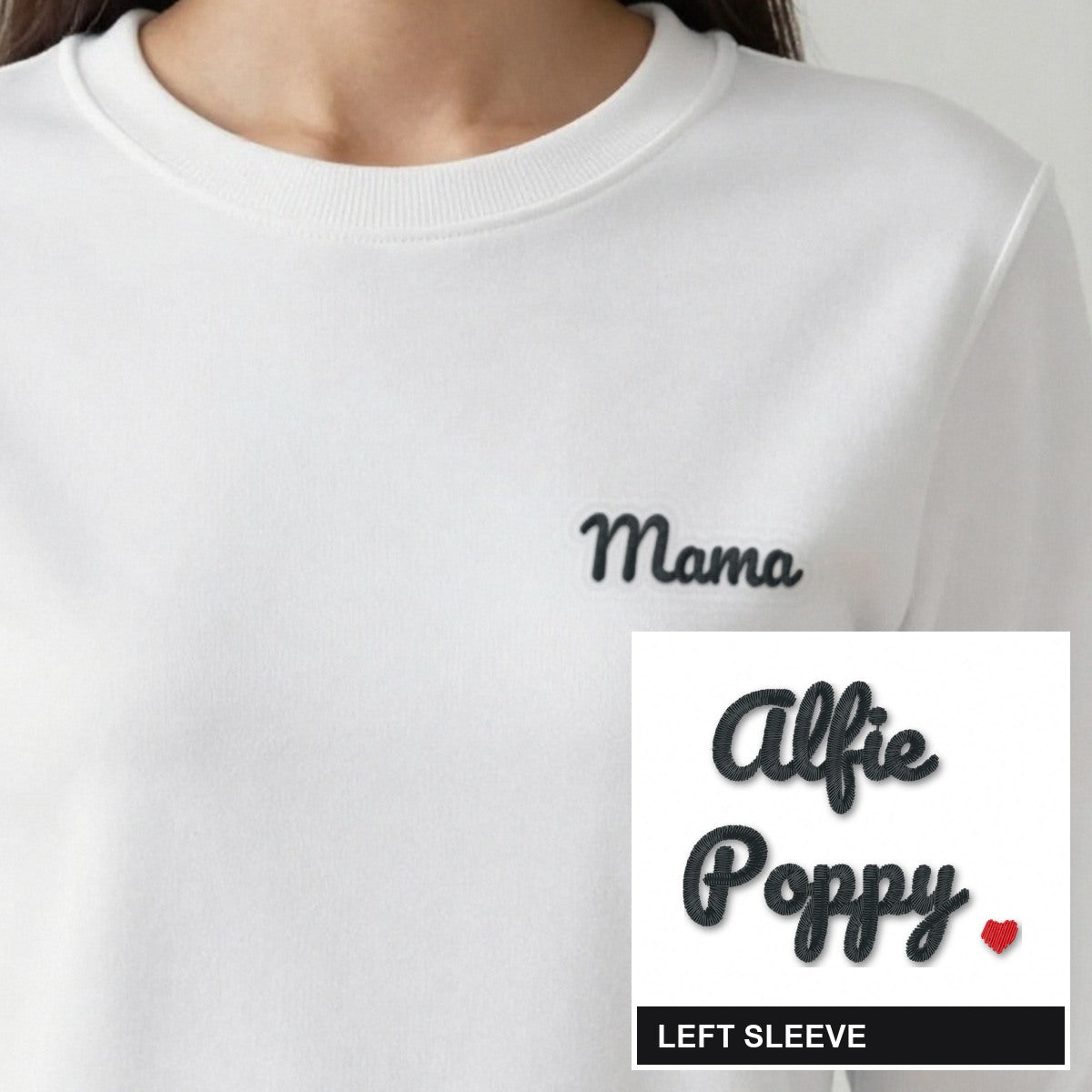 Mama Sweatshirt with Kids Names on the Sleeve, adult sweatshirt in white, embroidered