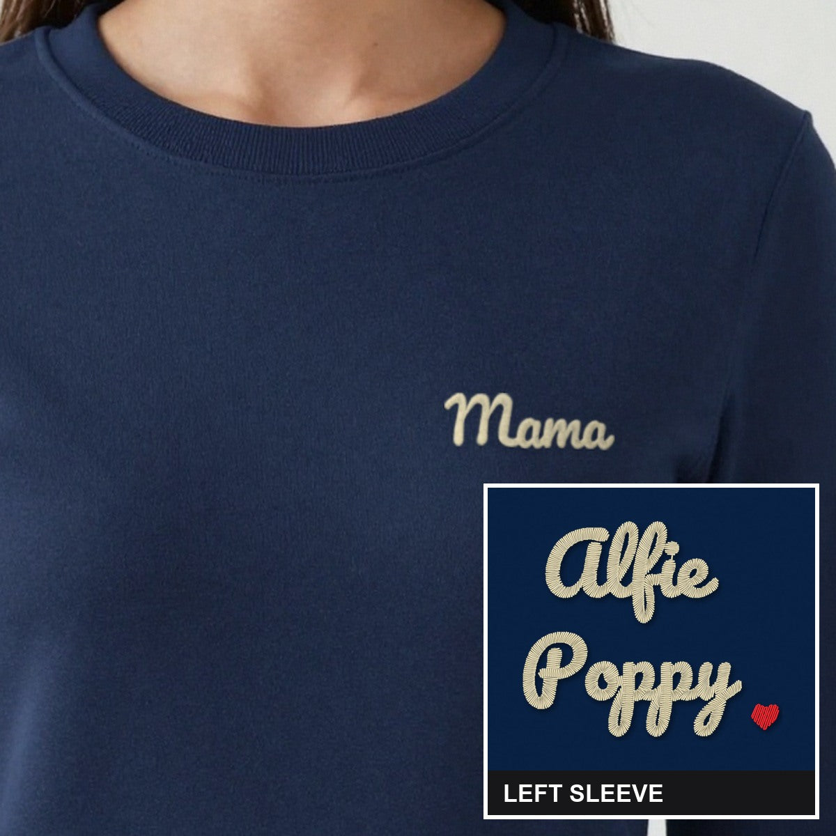 Mama Sweatshirt with Kids Names on the Sleeve, adult sweatshirt in navy, embroidered