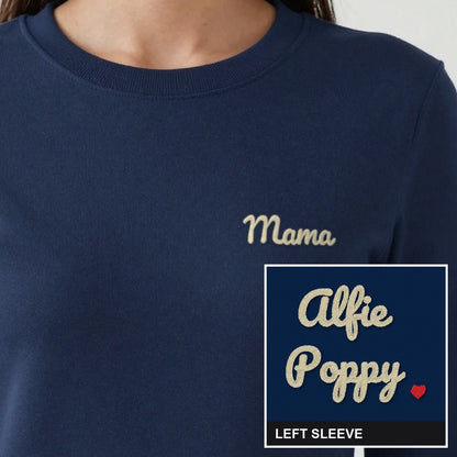 Mama Sweatshirt with Kids Names on the Sleeve, adult sweatshirt in navy, embroidered