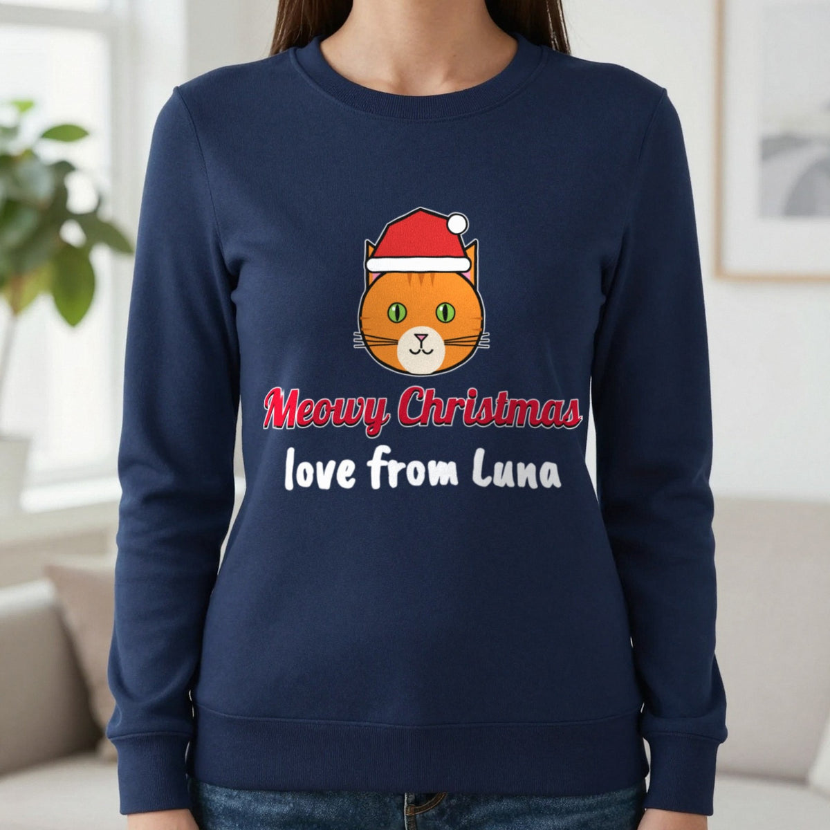 Personalised Meowy Christmas Jumper & T-Shirt Sweatshirt in Navy, worn, our photo