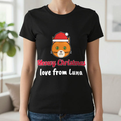Personalised Meowy Christmas Jumper & T-Shirt T-Shirt in Black, worn, our photo