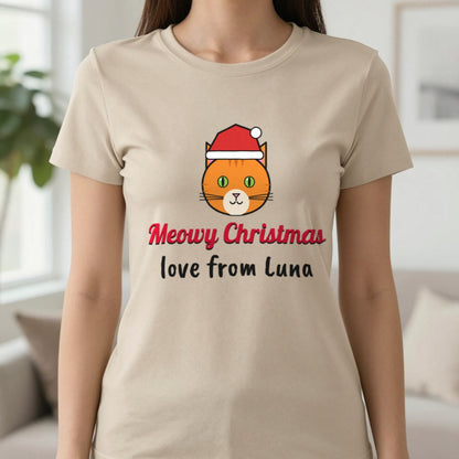 Personalised Meowy Christmas Jumper & T-Shirt T-Shirt in Sand, worn, our photo