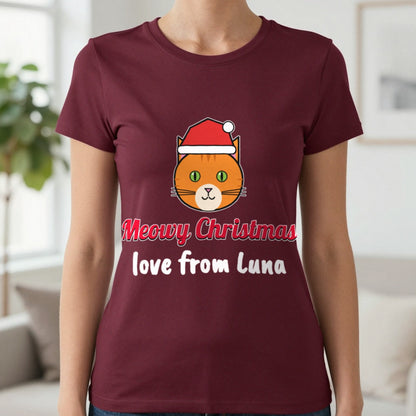 Personalised Meowy Christmas Jumper & T-Shirt T-Shirt in Maroon, worn, our photo