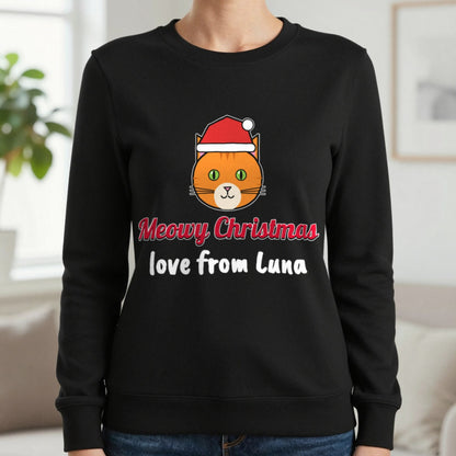 Personalised Meowy Christmas Jumper & T-Shirt Sweatshirt in Black, worn, our photo