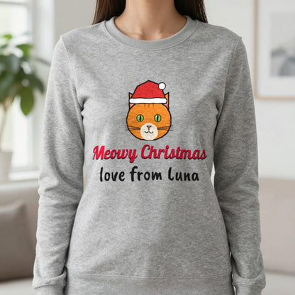 Personalised Meowy Christmas Jumper & T-Shirt Sweatshirt in Sport Grey, worn, our photo