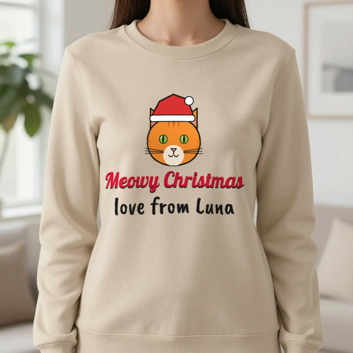 Personalised Meowy Christmas Jumper & T-Shirt Sweatshirt in Sand, worn, our photo