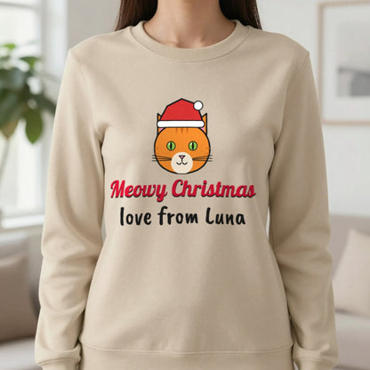 Personalised Meowy Christmas Jumper & T-Shirt Sweatshirt in Sand, worn, our photo