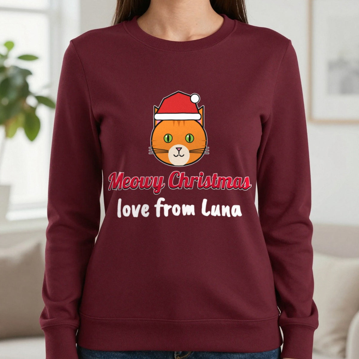 Personalised Meowy Christmas Jumper & T-Shirt Sweatshirt in Maroon, worn, our photo