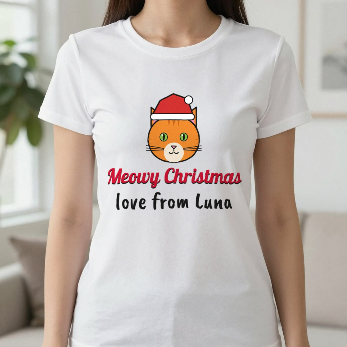 Personalised Meowy Christmas Jumper & T-Shirt T-Shirt in White, worn, our photo