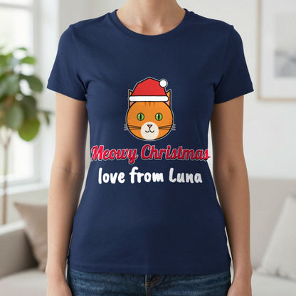 Personalised Meowy Christmas Jumper & T-Shirt T-Shirt in Navy, worn, our photo