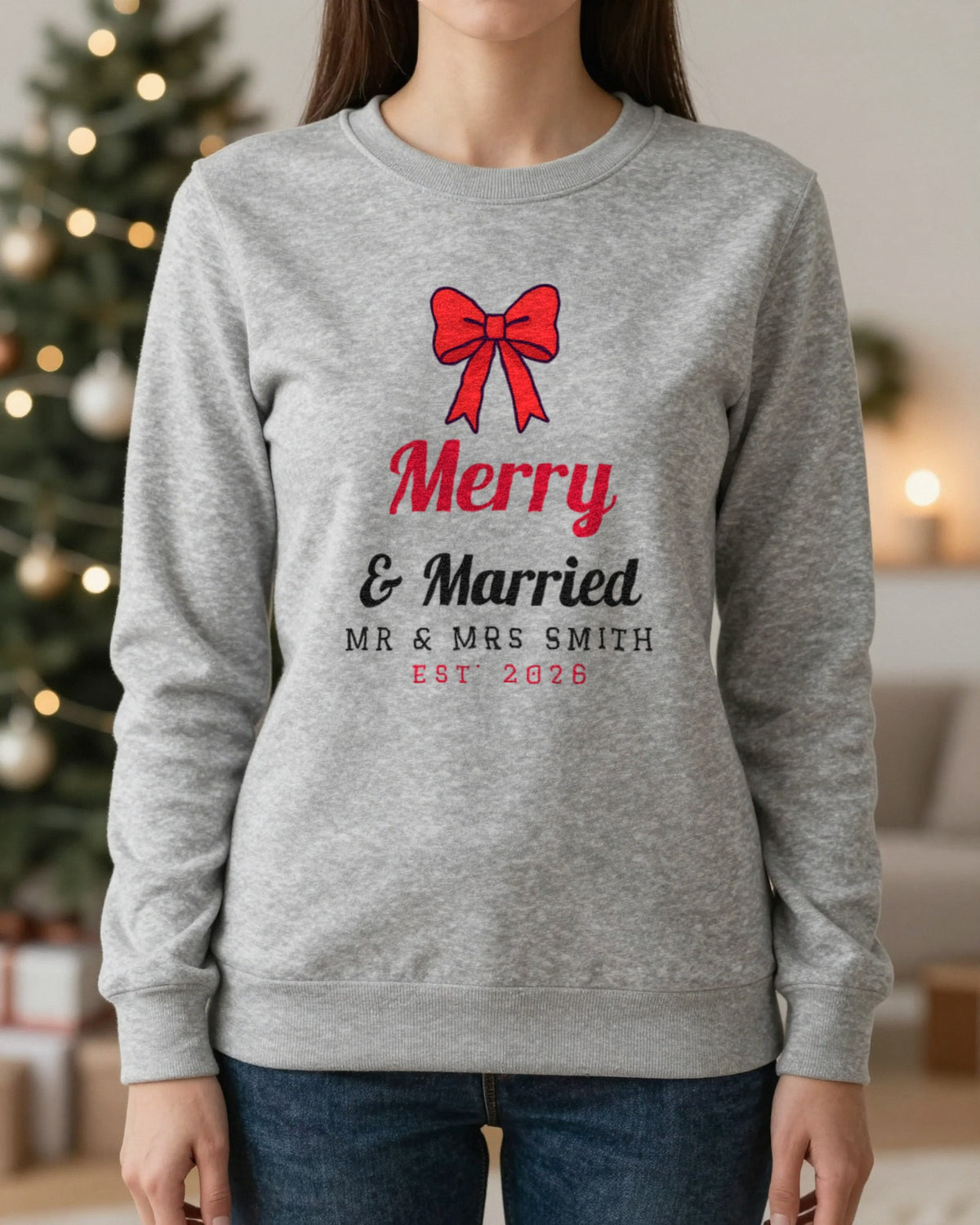 Personalised Merry & Married Christmas Jumper & T-Shirt worn