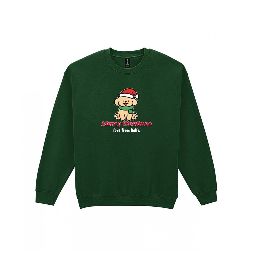 Personalised Merry Woofmas Dog Christmas Jumper & T-Shirt Sweatshirt in Forest Green